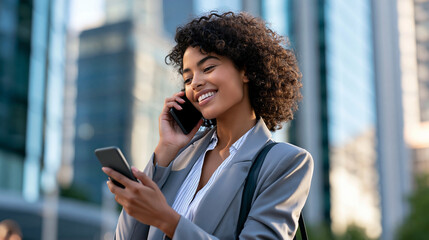 Fototapeta premium African American businesswoman communicating happily on a smartphone in a busy city, professional success, corporate communication, female entrepreneur, urban lifestyle, career