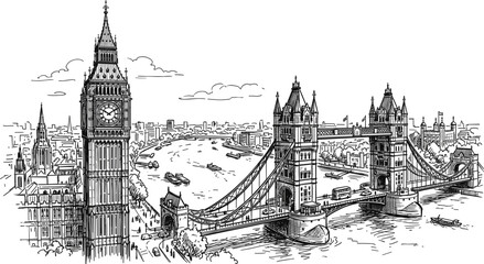 Obraz premium Hand drawn London cityscape sketch featuring Big Ben Tower Bridge and river Thames vector illustration
