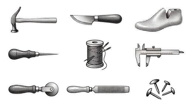 Vintage cobbler tool collection featuring hammers and shoemaking gear for professional repair.