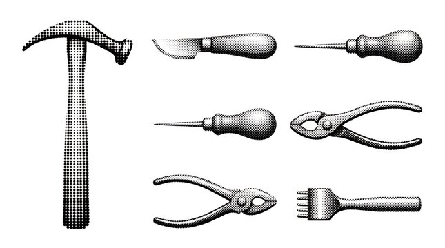Artisan tool collection featuring hammer and shoemaking gear for leather craft projects.