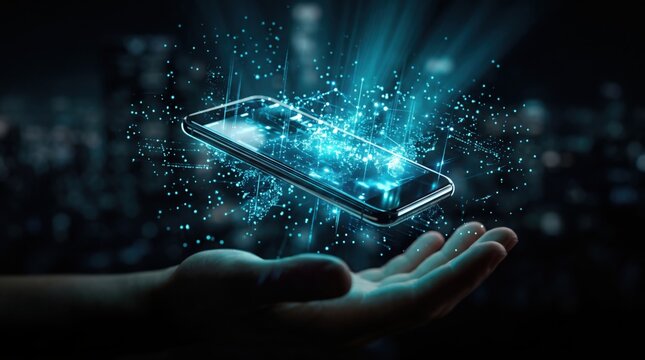 Hand holding glowing smartphone with digital data stream