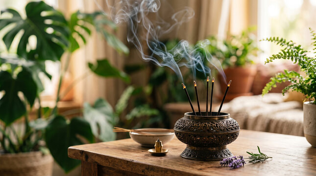 Incense sticks gently smoldering in elegant ornate burner on natural wooden table, delicate aromatic smoke curling upward, peaceful spa and wellness atmosphere, softly blurred natural greenery