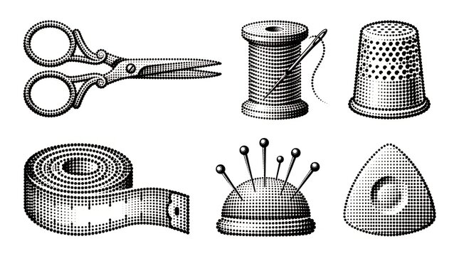 Sewing tools set with scissors thread needle thimble and measuring tape for textile craft projects.