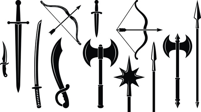 Medieval Weapon Silhouette Collection Featuring Swords Axes Spears Bow Arrow and Dagger Vector Set