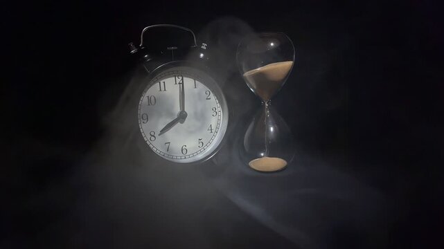 Vintage alarm showing 8 o'clock and hourglass with falling sand in dramatic smoke on black background. Concept of morning, work time, new day and time management.