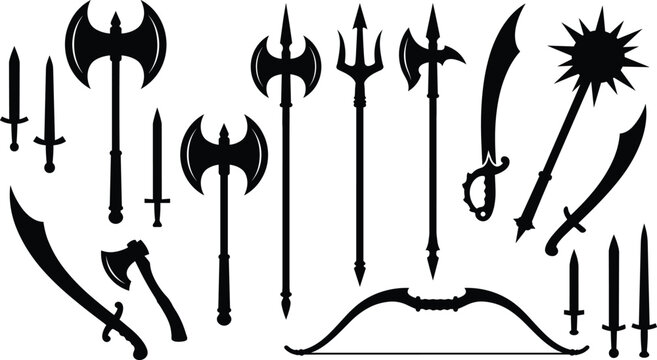 Medieval Weapon Silhouette Set with Swords Axes Spears Bow and Mace Vector Collection