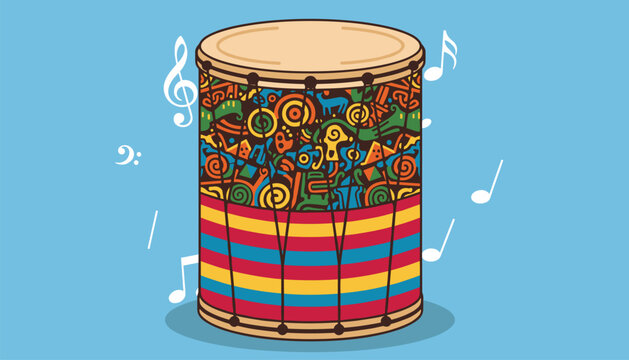 Colorful traditional hand drum decorated with ethnic patterns, surrounded by flying white musical notes on blue.