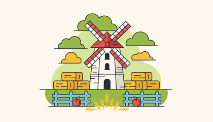 Fototapeta premium Traditional farm windmill surrounded by hay bales, blue wooden fences, and wheat ears under a cloudy sky.