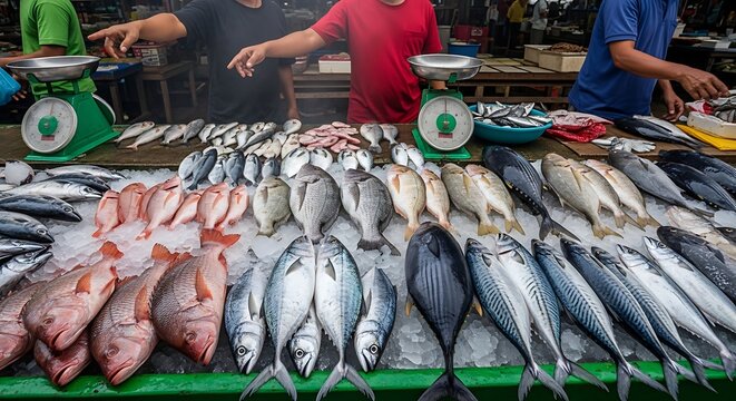 Fresh fish display at a bustling market
