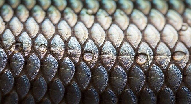 Detailed fish scales with water drops macro