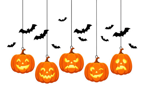 A festive halloween banner featuring orange pumpkin jack o lantern hanging decoration elements with spooky bat silhouettes for autumn holiday celebration