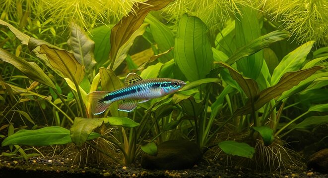 Neon blue rainbow fish swimming in aquarium