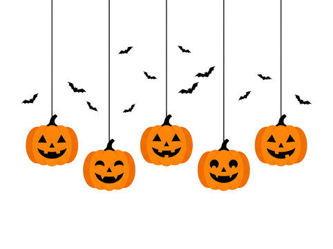 Spooky halloween decoration featuring a hanging decoration banner with orange pumpkin jack o lantern faces and flying black bat silhouettes