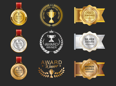 Collection of award winner badges golden, silver and bronze emblem with laurel wreath stock illustration