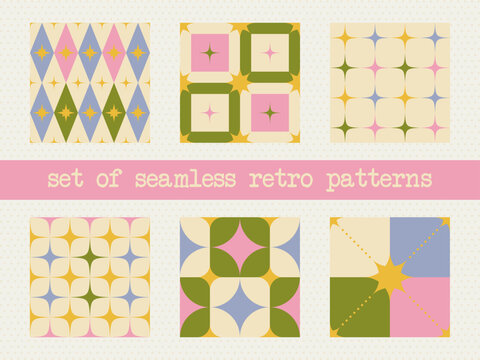 Collection of vintage 1970s mid-century modern seamless geometric patterns with pastel starburst tiles