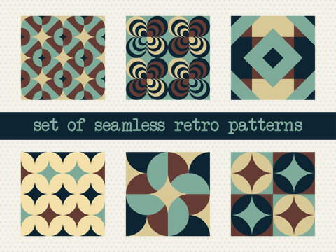 Collection of vintage mid-century modern seamless geometric patterns with teal and brown abstract tiles