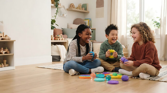 Three kids laughing while playing with sensory balls and pop it in playroom