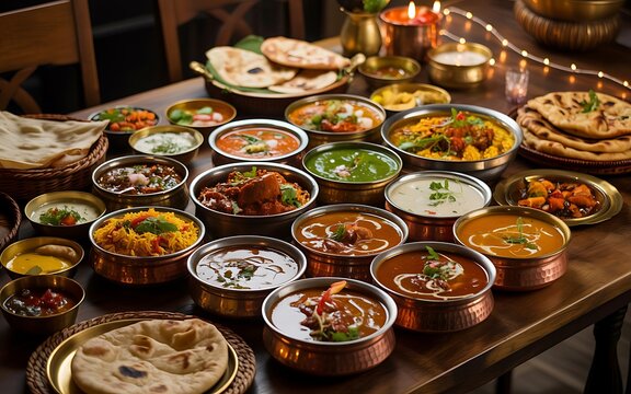 Traditional Indian food feast served in copper bowls on wooden table