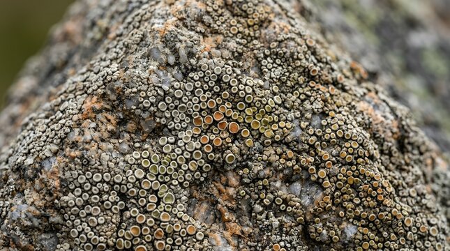 Macro shot of circular crustose lichen apothecia growing on a rough mountain rock surface in a natural environment