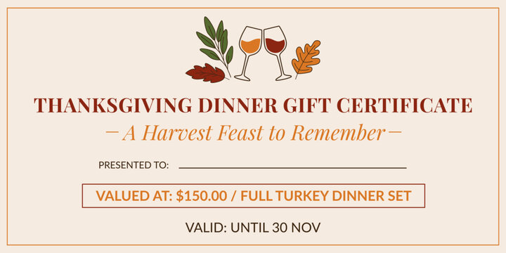 Thanksgiving dinner gift certificate template with wine glasses illustration, autumn leaves, elegant typography, and discount voucher layout