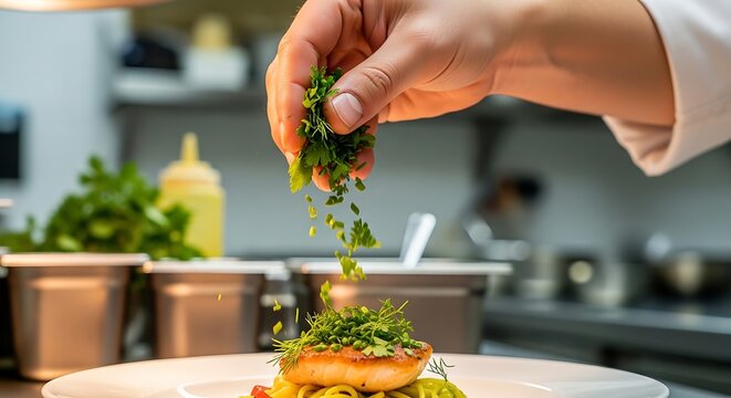 Chef sprinkling herbs on fish dish
