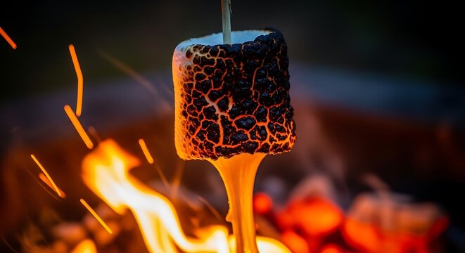 Toasted marshmallow over campfire close up shot