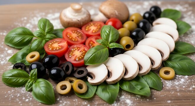 Pizza ingredients on wooden surface close up