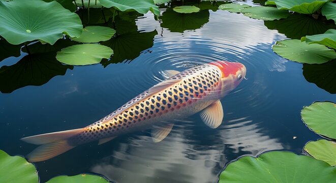 Koi carp swimming in pond with lily pads