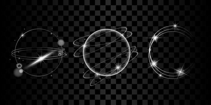 Glowing silver light ring frames with futuristic orbital swirls and magical shine