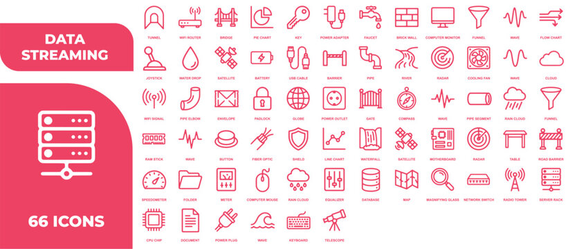 Professional Data Streaming Icon Collection Illustrating Network Connectivity and Information Flow