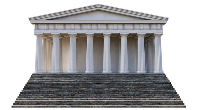 Ancient Greek temple with Doric columns and stone steps, isolated on transparent background