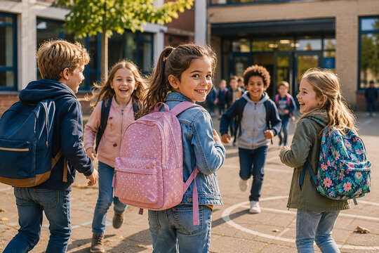 Happy Children Returning to School with Backpacks