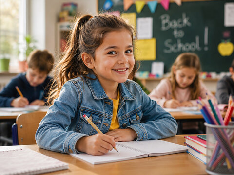 Happy School Children Learning in the Classroom