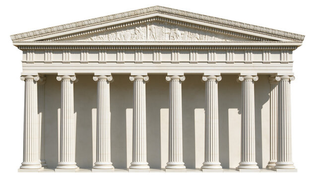 Classical Greek temple facade with Ionic columns and frieze, isolated on transparent background