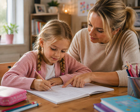 Parent Helping Child with Homework at Home