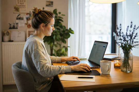Woman Working from Home on Laptop and Smartphone