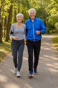 Senior Man and Woman Running Together Outdoors for a Healthy Active Lifestyle