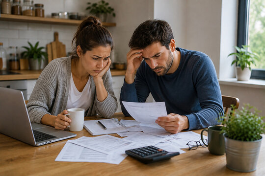 Worried People Reviewing Bills and Household Expenses Amid Rising Costs