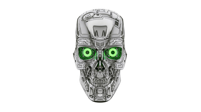 Detailed metallic cyborg skull with glowing green eyes, isolated on transparent background