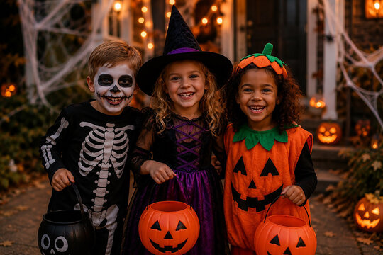 Children in Halloween Costumes Celebrating Halloween Together