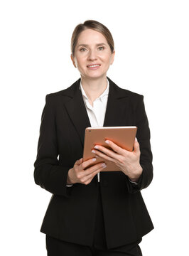 Portrait of professional lawyer with tablet on white background