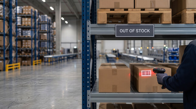 Out of Stock Warehouse Inventory Concept with Barcode Scanning of Cardboard Boxes on Industrial Storage Shelves, Supply Chain Logistics and Inventory Management with Blurred Background