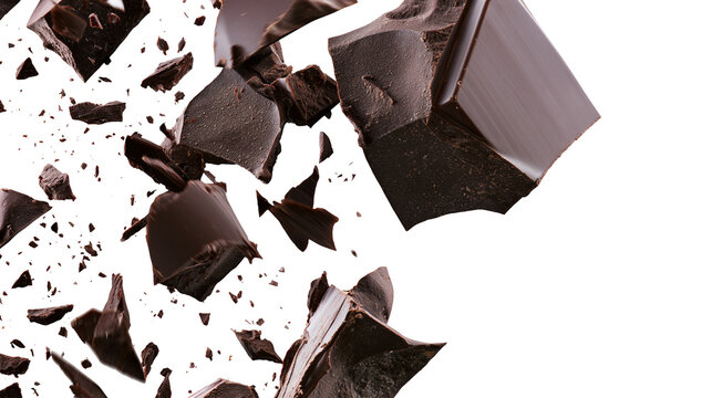 Dark chocolate chunks exploding and scattering, isolated on transparent background