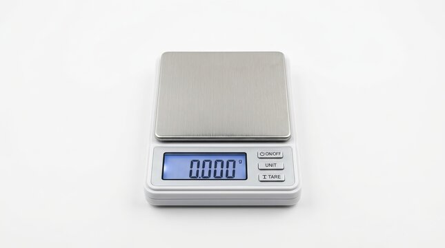 Digital kitchen scale, stainless steel electronic jewelry scale on white background