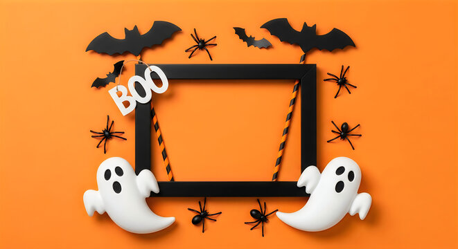 A festive black picture frame decorated with ghosts and bats for a happy halloween october 31 holiday celebration background