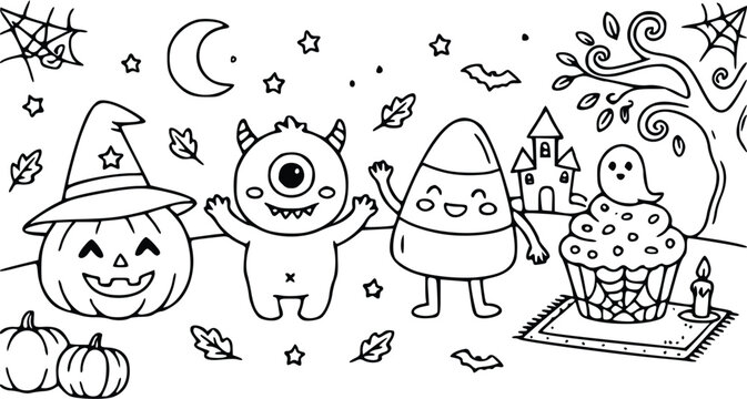 Adorable halloween vector illustration featuring a cheerful cyclops monster, smiling candy corn character, and a carved pumpkin wearing a witch hat for festive coloring page activities.