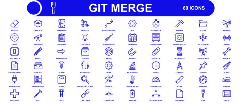 Set of sixty blue git merge and development icons for software engineering and technical projects
