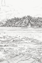 Fototapeta premium Hand drawn monochrome illustration capturing a peaceful wide river landscape with stones in the foreground and thick woods in the background