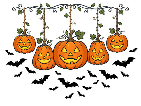 A festive halloween banner featuring a hanging decoration of orange pumpkin jack o lantern faces surrounded by spooky flying bat silhouettes