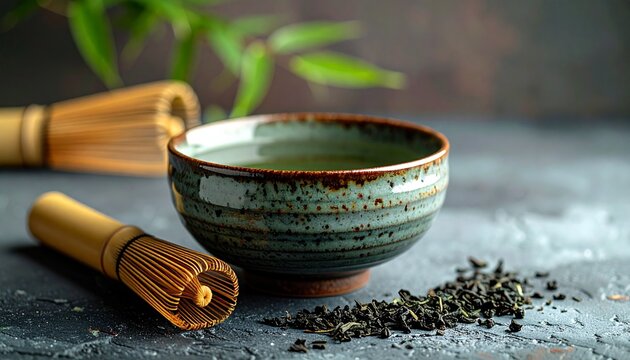Close-up still life of a handmade Japanese ceramic tea bowl beside a bamboo whisk and